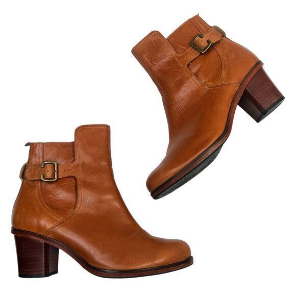 Anthropologie J Shoes Hardwick Booties Leather Buckle Block Heel Booties Brown 7 - Picture 1 of 13
